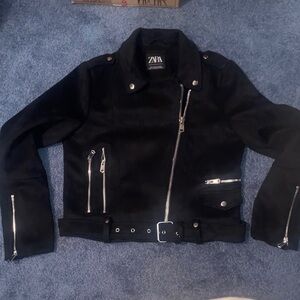 Zara Black Suede Moto Jacket with Silver Accents with removable belt
